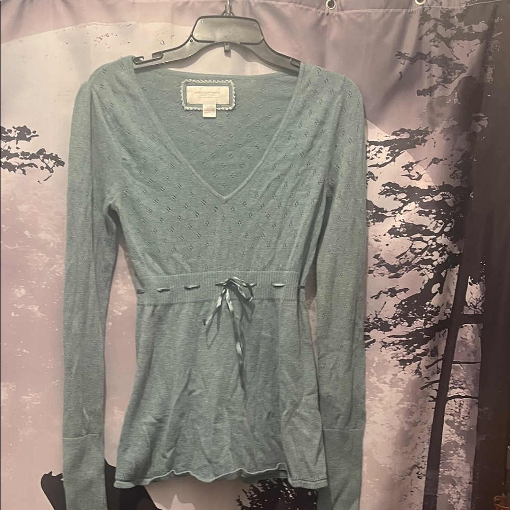 American Eagle Outfitters Teal Long Sleeve V-Neck Cinched Waist Sweater